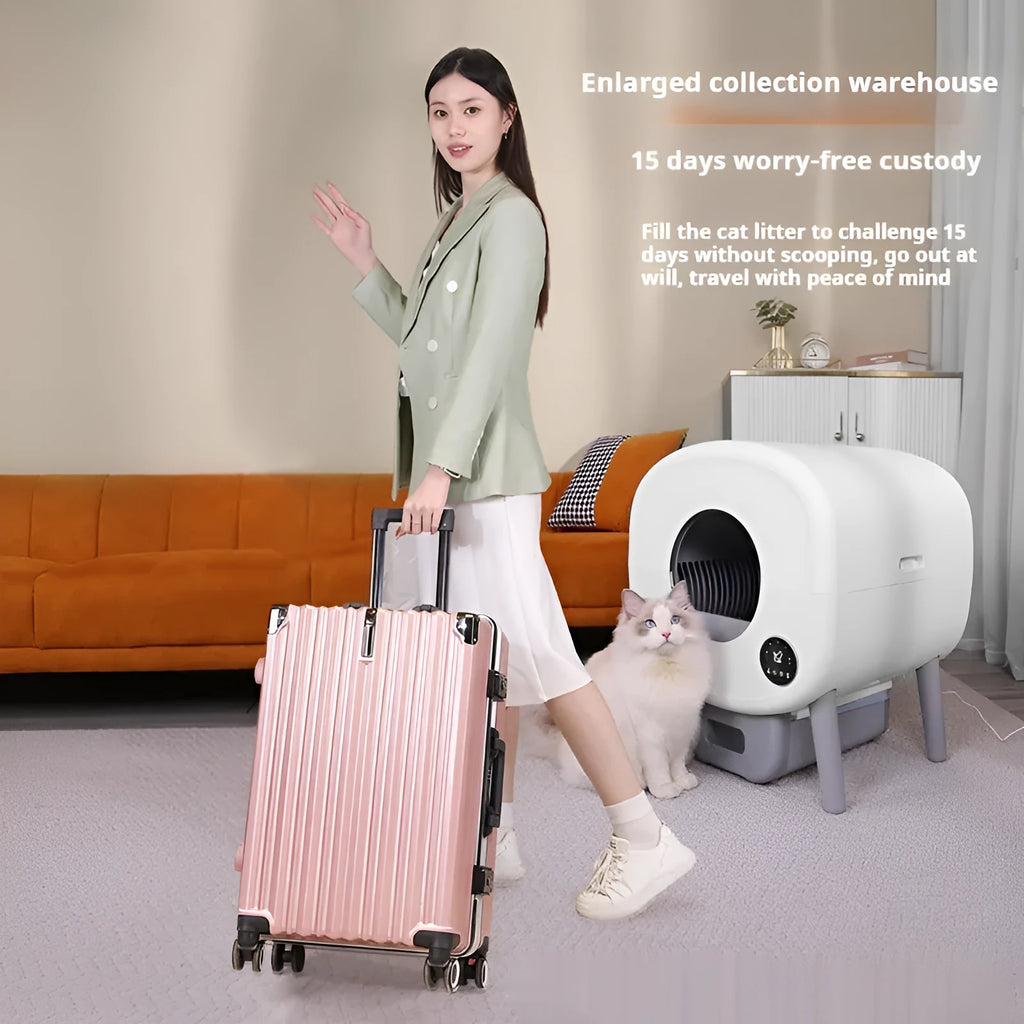White intelligent automatic self-cleaning cat litter box with control panel, shown with deodorising tablets and cleaning brush.