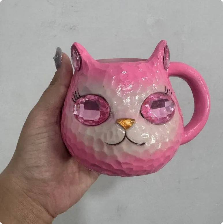 Crystal Earth cat cup resin craft gift in purple, green, blue, and pink colour options.