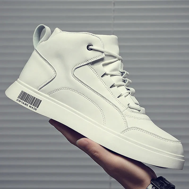Men's white mid-top casual board sports shoes with lace-up closure and rubber sole