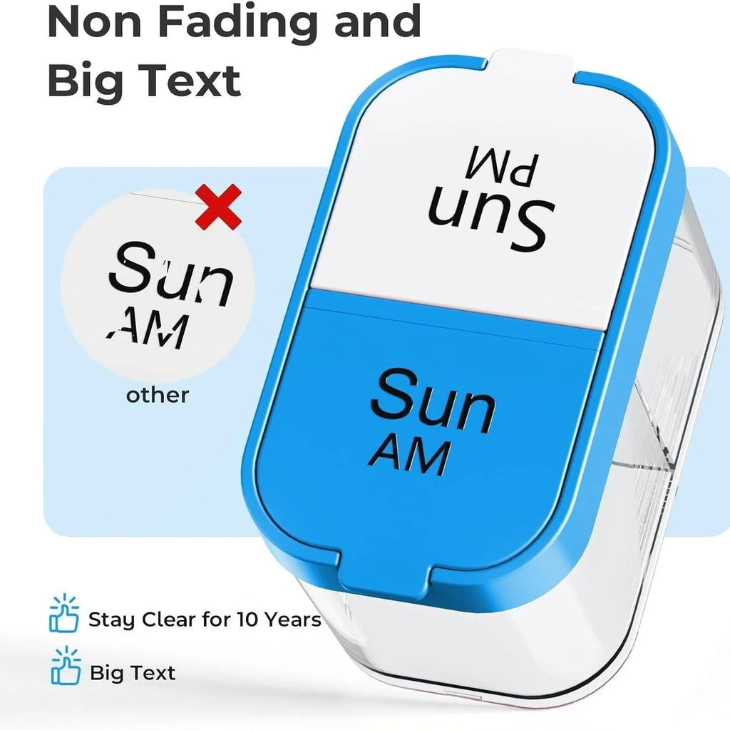 Extra large white and rainbow coloured plastic pill organiser box with 14 removable compartments.