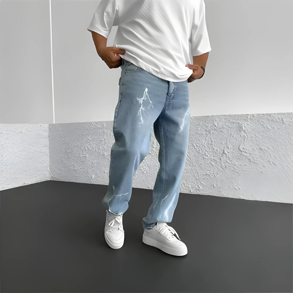 Men's blue straight-leg denim jeans with wide-leg fit and medium elasticity