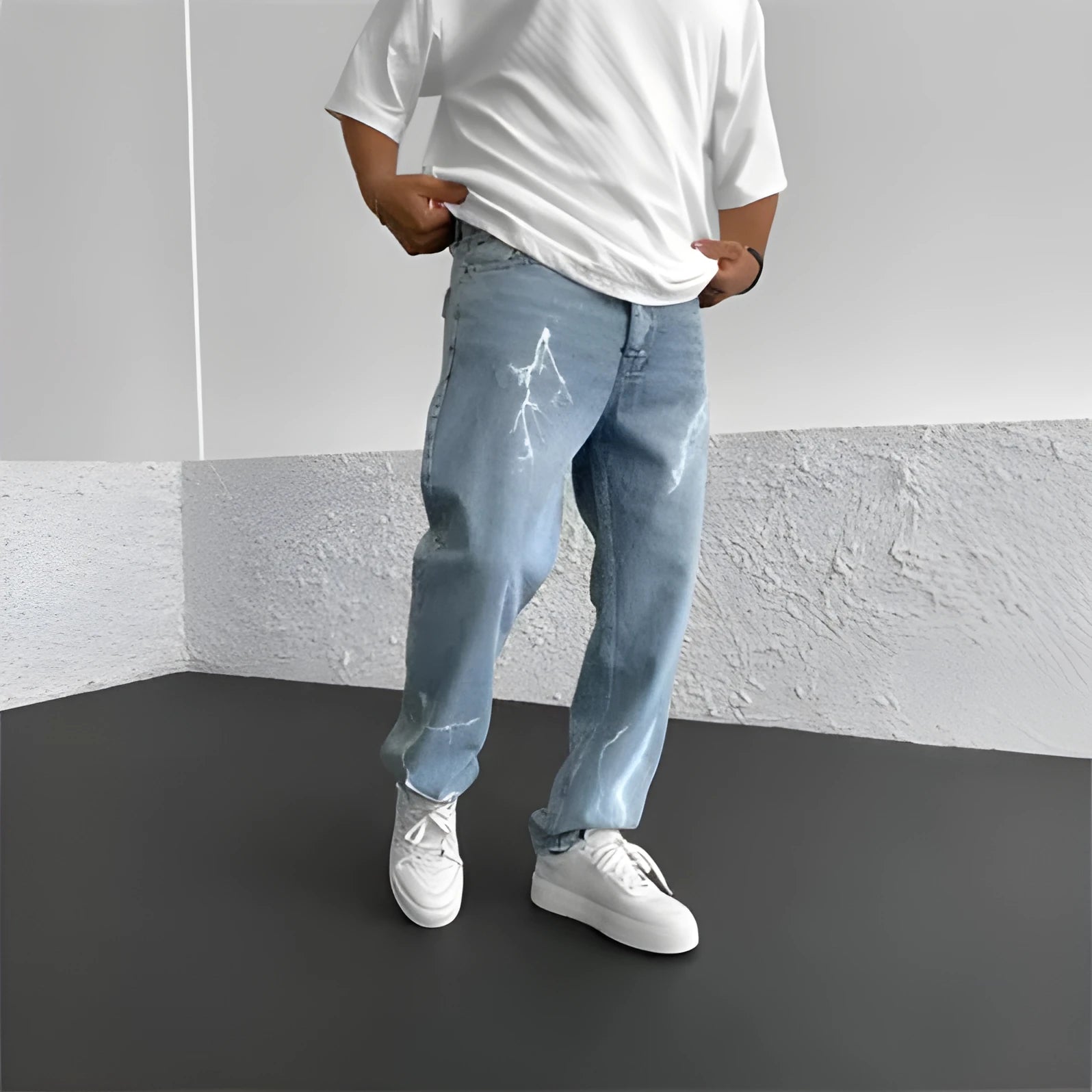 Men's blue straight-leg denim jeans with wide-leg fit and medium elasticity