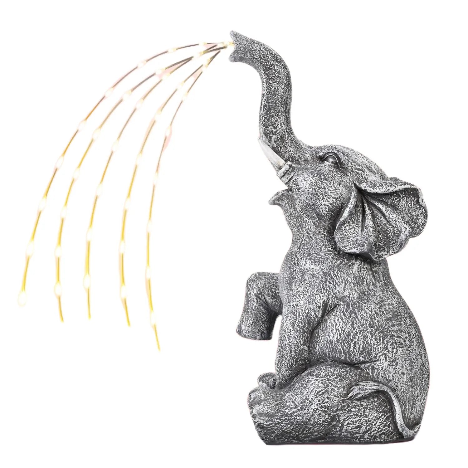 Resin elephant garden statue with built-in LED light strip for outdoor decoration.