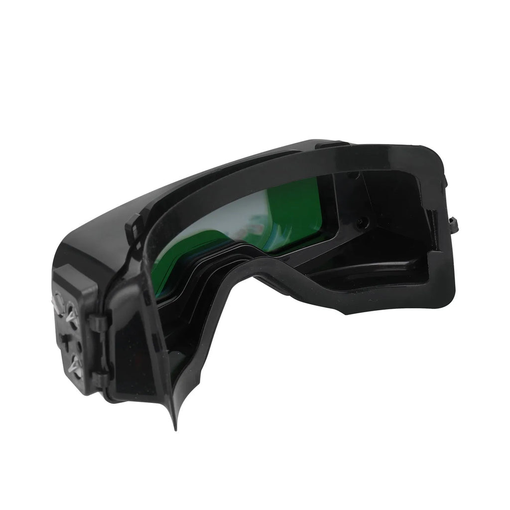 Black automatic darkening welding mask glasses showing large rectangular viewing lens.