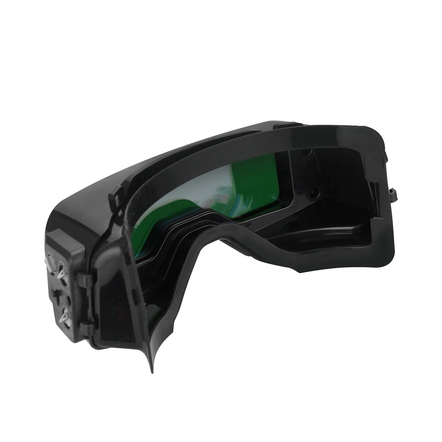 Black automatic darkening welding mask glasses showing large rectangular viewing lens.
