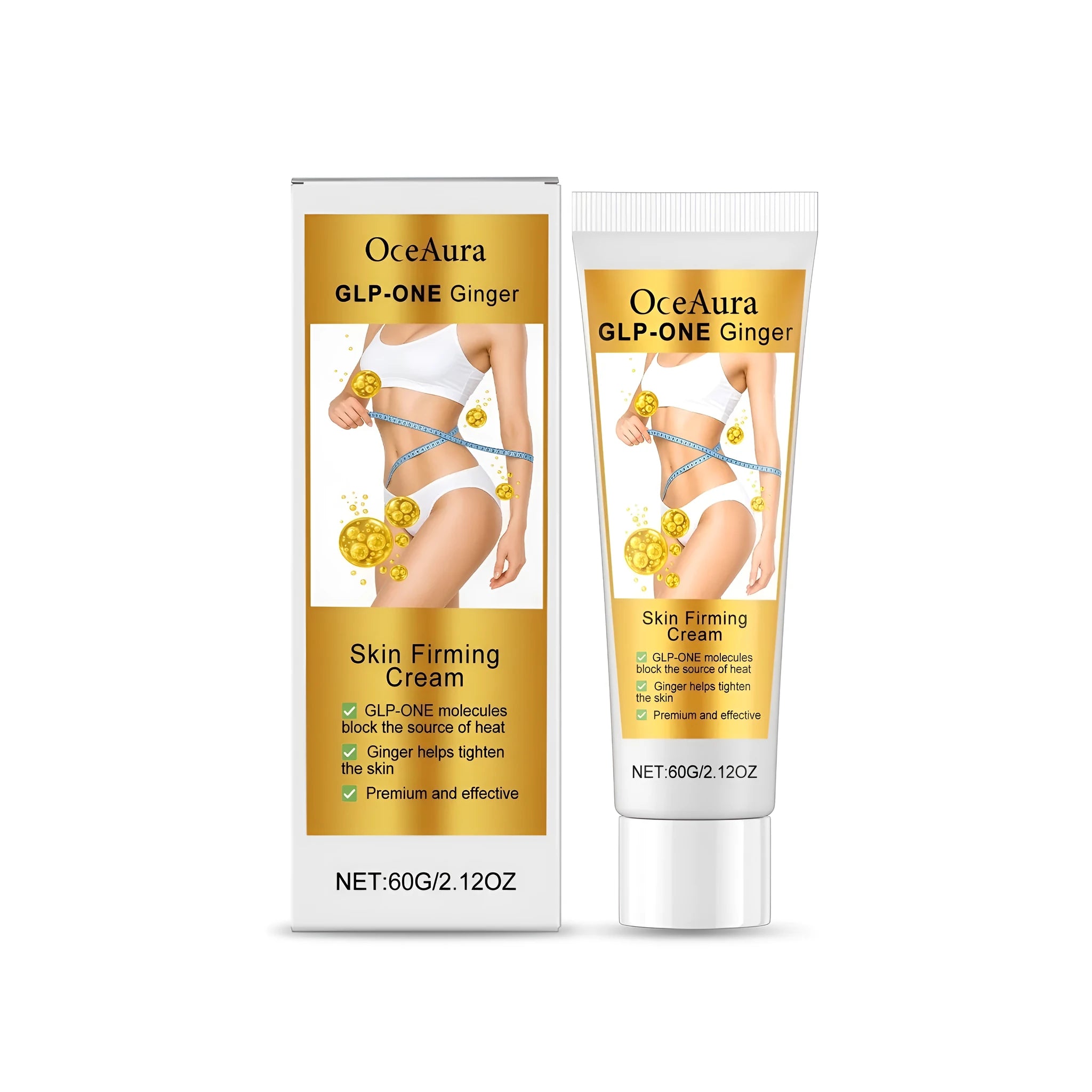 White jar of Glp-One Ginger Skin Firming Cream, 60g size, with cream visible.