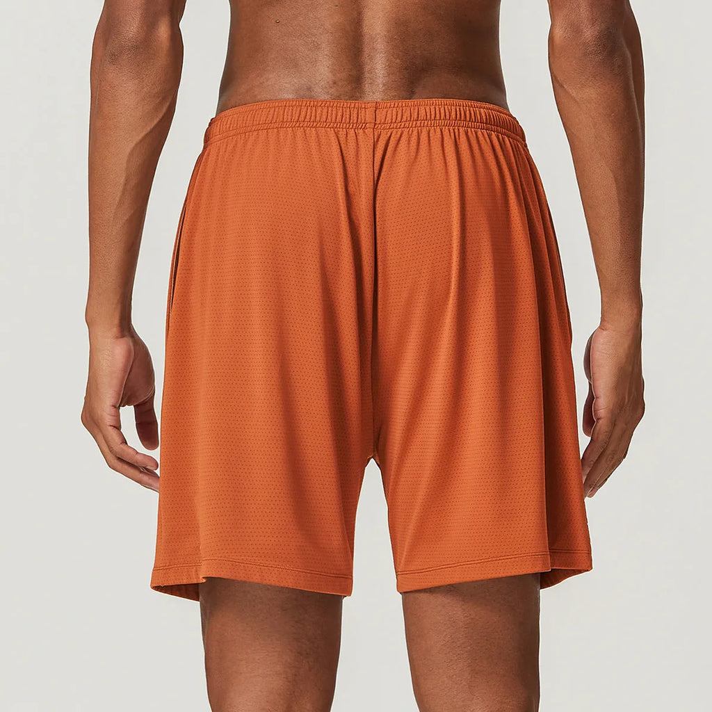 Men's double-layer running shorts in sky green colour on a mannequin, showing mid-waist and shorts length.