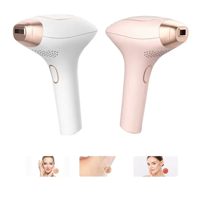 Pink and white three-in-one ice-sensing laser hair removal device with included shaver and safety glasses