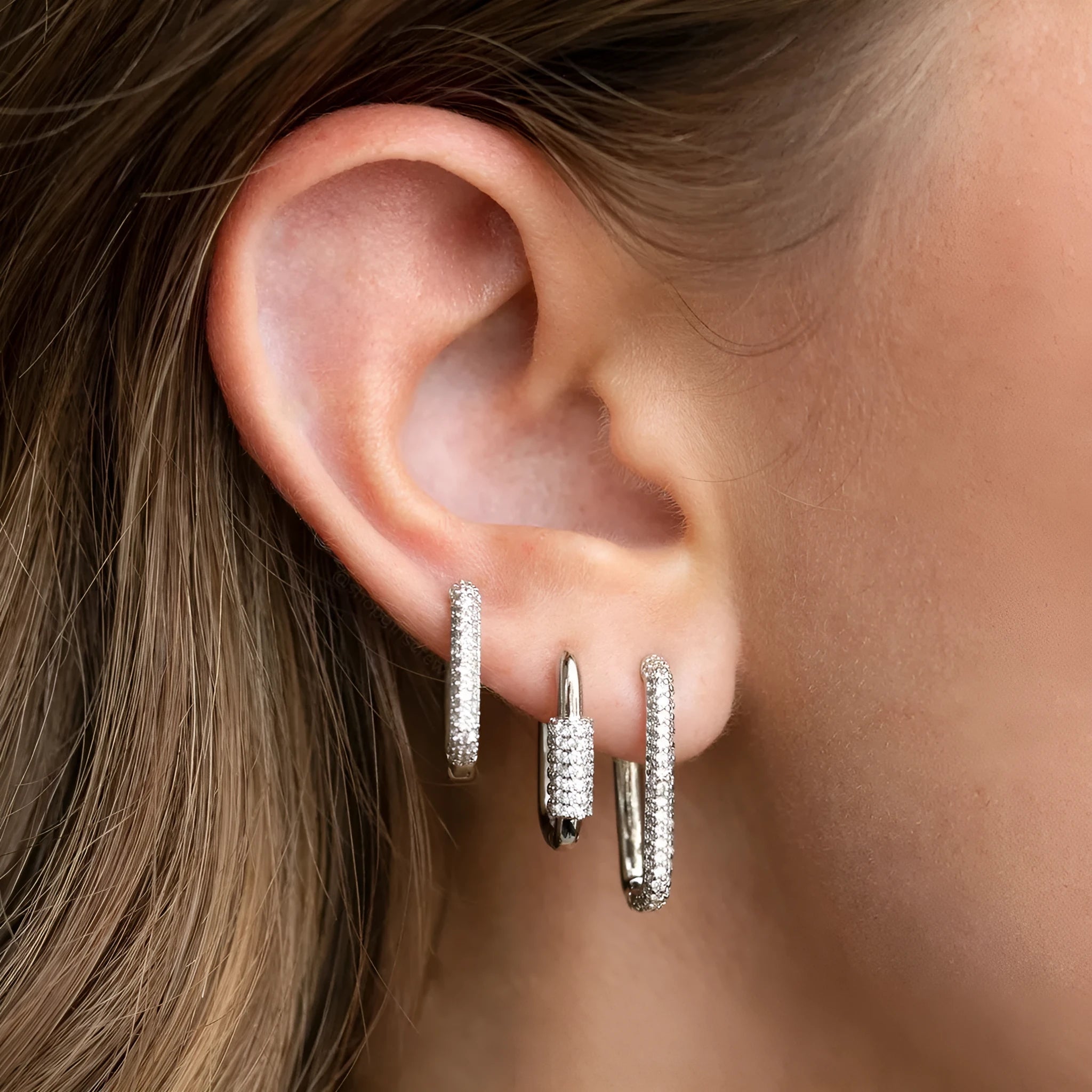 Geometric copper ear clip three-piece set with micro inlaid zircon stones in gold and white colours