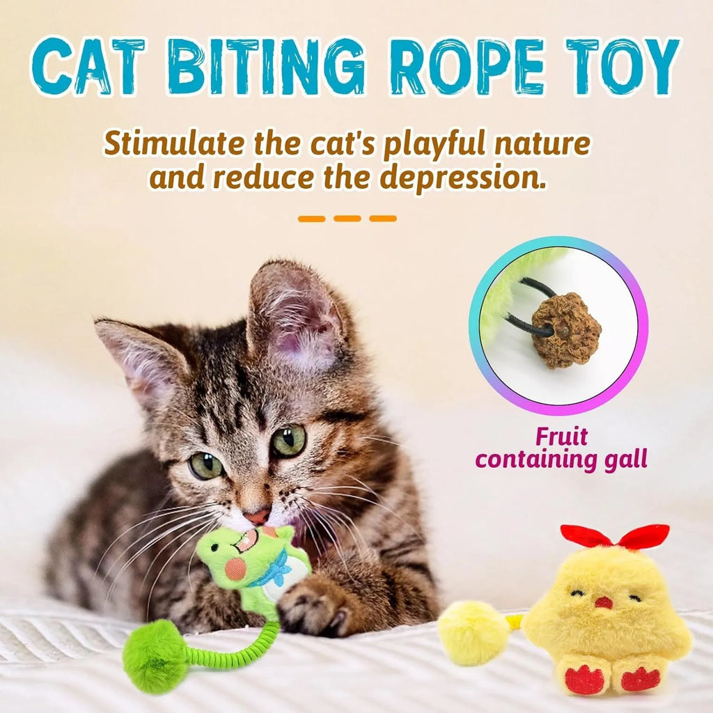 Set of interactive cat toys including a plush animal, silvervine fruit, a spring, and a fuzzy ball.
