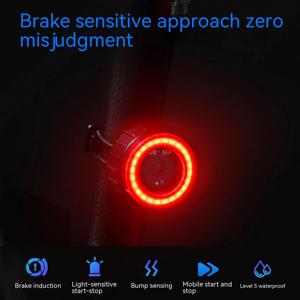 Black Intelligent Induction Brake Taillight for bicycles with seat tube bracket.