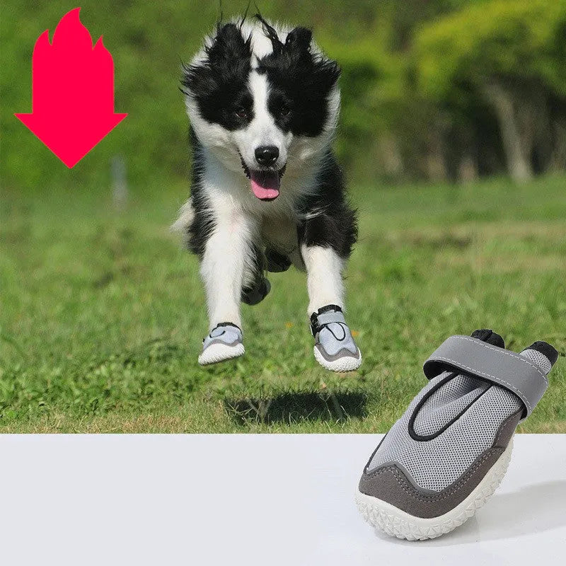 Grey wear-resistant breathable pet shoes with reflective tape and rubber outsole for dogs