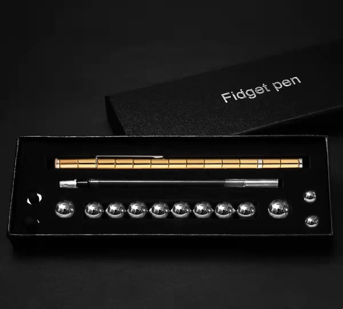 Magnetic modular pen set in silver iron box with 13 rings, 12 balls, 3 refills, 2 capacitor heads, and upgraded magnets