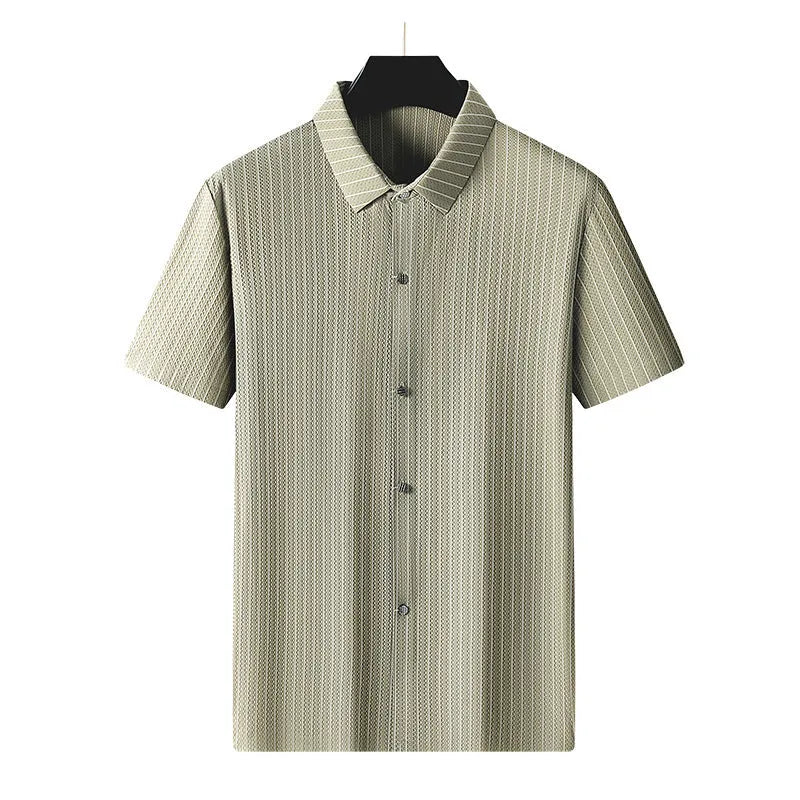 Men's black plus size loose-fit casual shirt with square collar and stripes