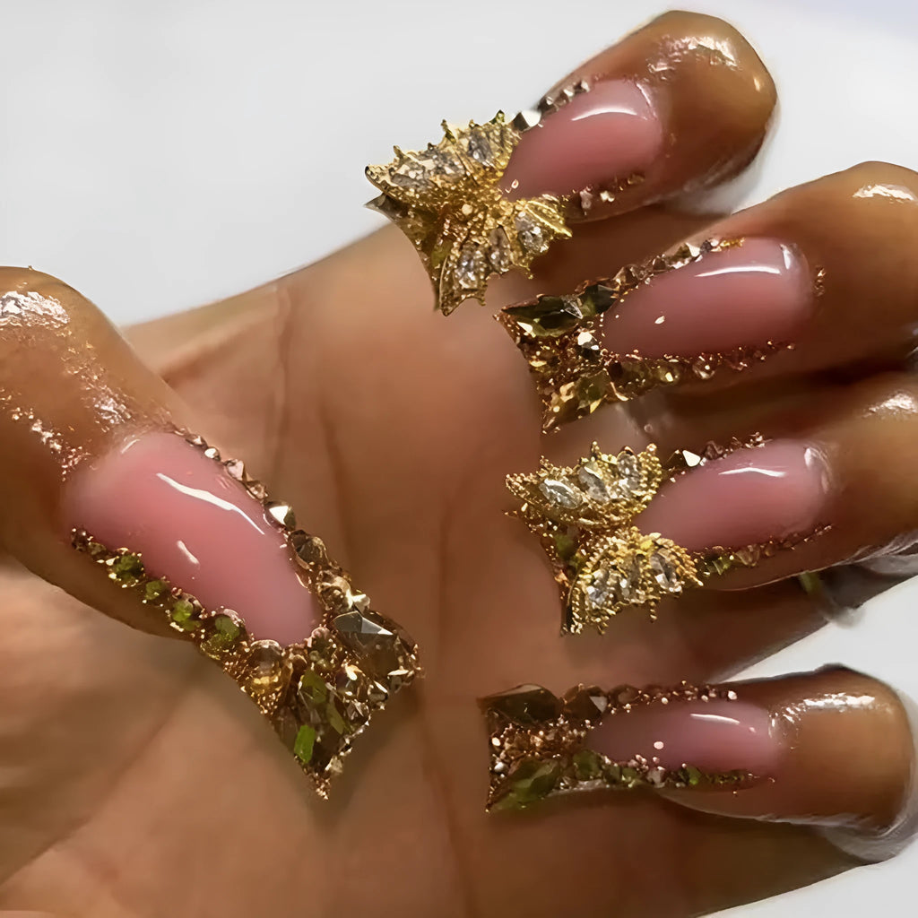 Golden diamond debris butterfly pattern nail stickers with jelly glue bottle