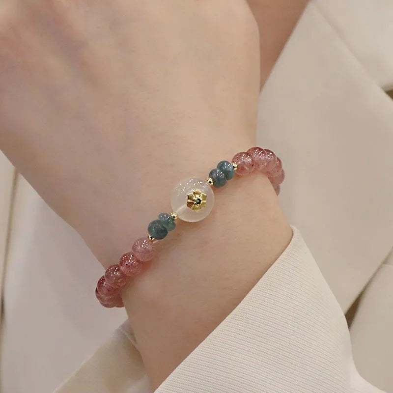 Women's bracelet with strawberry quartz, blue water emerald and round jade pendant, ruyi peace buckle elements