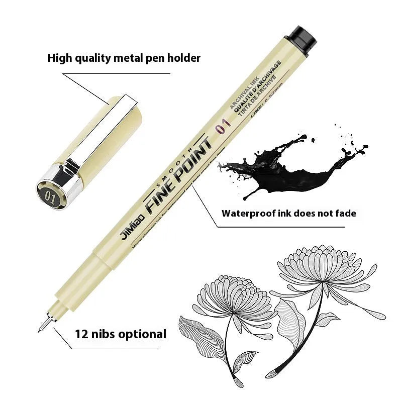 Waterproof hook line art cartoon design needle pen with black refill and 133mm plastic body for painting and writing