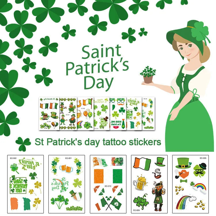 Children's temporary tattoo sticker with green Irish festival flag and clover design on paper.