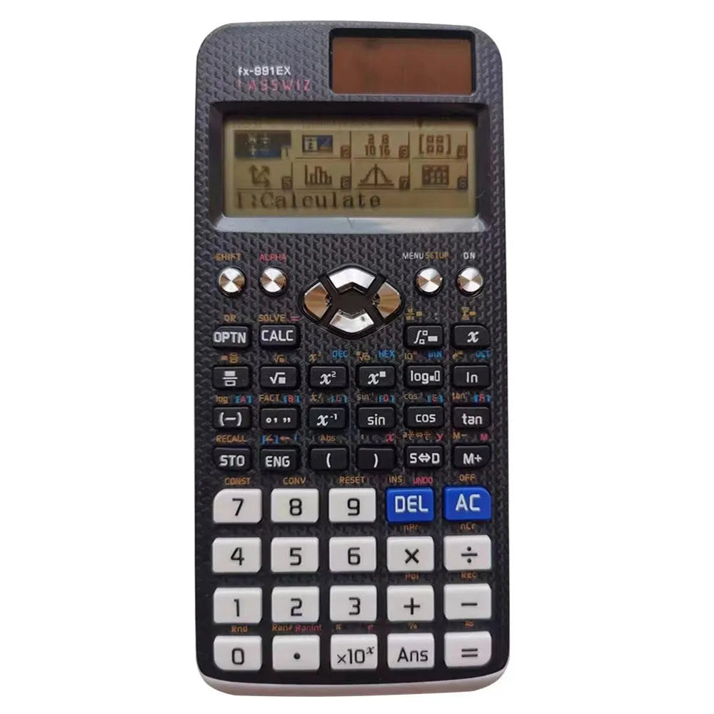 Casio fx-991EX scientific calculator in black, blue, or pink with dot matrix display