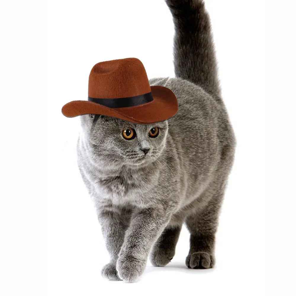 Adjustable pet cowboy hat headgear shown in four colours with size measurements for dog and cat costume use