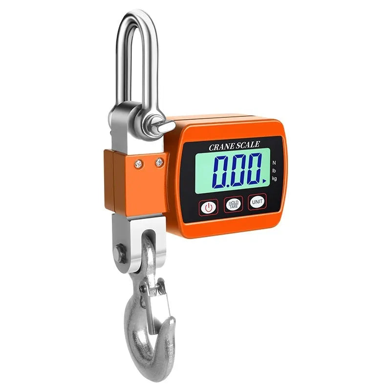Electronic digital hook scale in blue, showing display and hook, for portable weighing up to 500kg.
