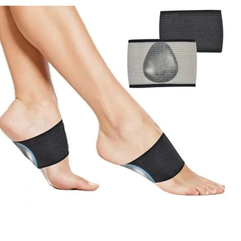 A pair of elastic PU arch support foot bandages, shown in heart style design for flat feet.