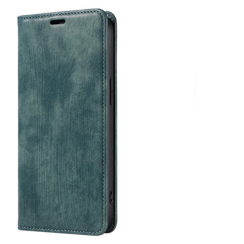 Magnetic flip phone case in grey colour made of TPU and leather for iPhone.