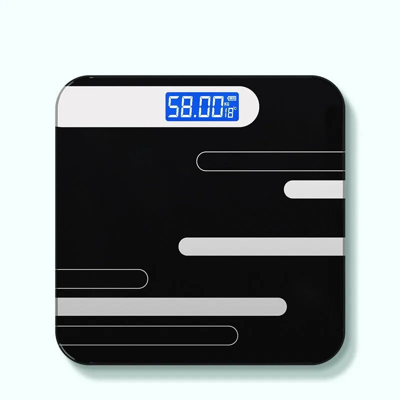 USB rechargeable electronic body weight scale in cross black, rose red, or white.