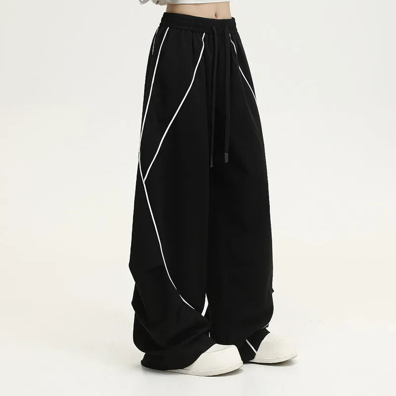 Black striped pleated hip hop wide-leg pants with mid waist and loose fit design