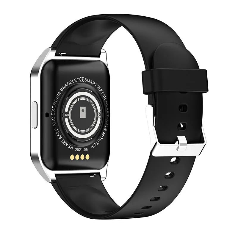 Black smart watch with 1.69-inch display showing heart rate and call functions