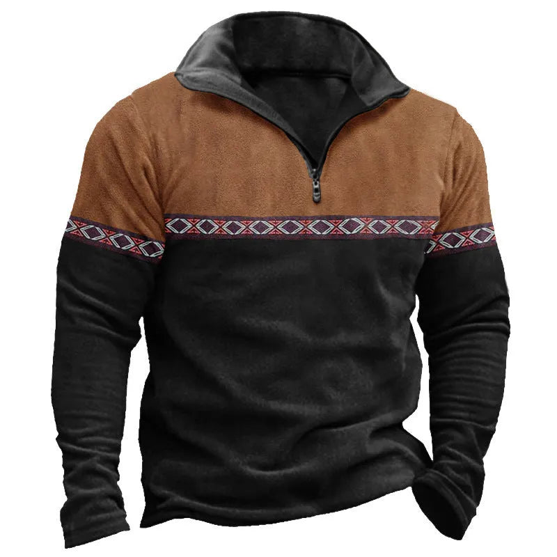 Retro patchwork polo shirt sweater with zip front closure in cotton blend fabric