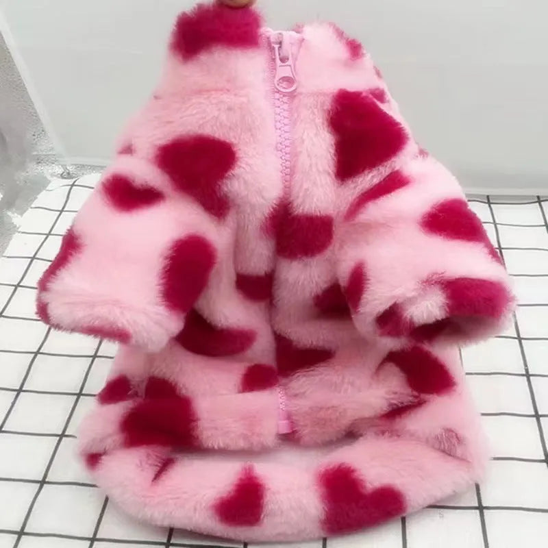 Polyester plush warm coat for small dogs in pink and brown colours with size tags from XS to 2XL