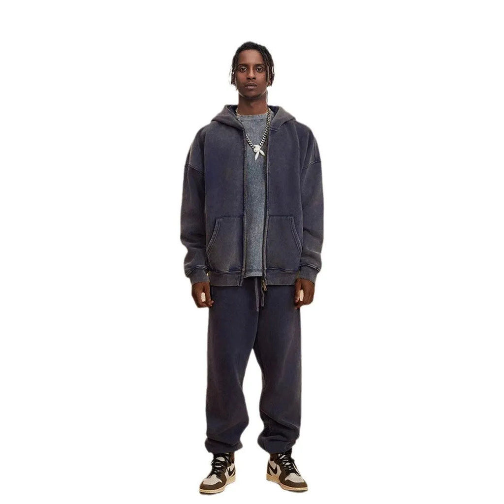 Men's washed vintage hooded cardigan sweater with a double zipper and fleece lining