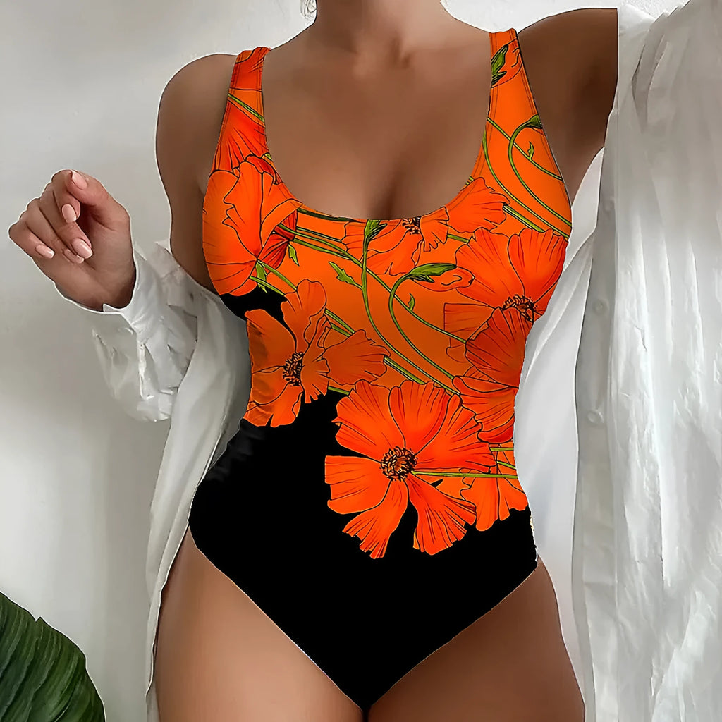 Orange flowers printed backless one-piece swimsuit in slim fit for swimming sports