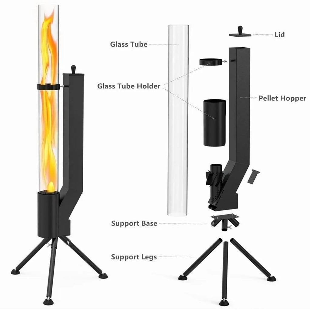 Vertical iron wood burning rocket furnace heating stove for outdoor courtyard installation