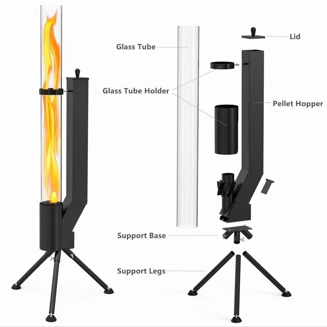 Vertical iron wood burning rocket furnace heating stove for outdoor courtyard installation