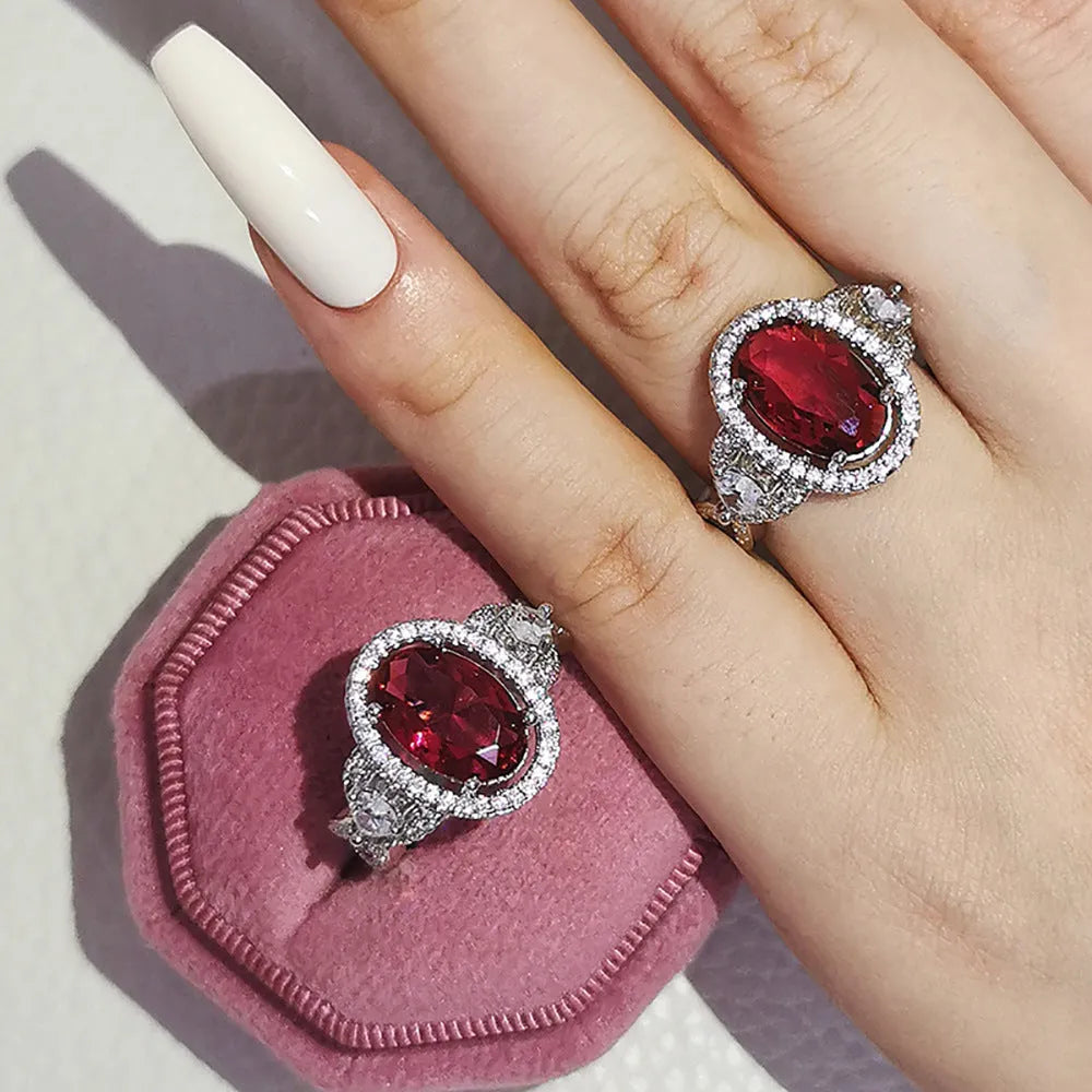 Inlaid ruby zircon ring for women, copper geometric design, red colour, size No 7