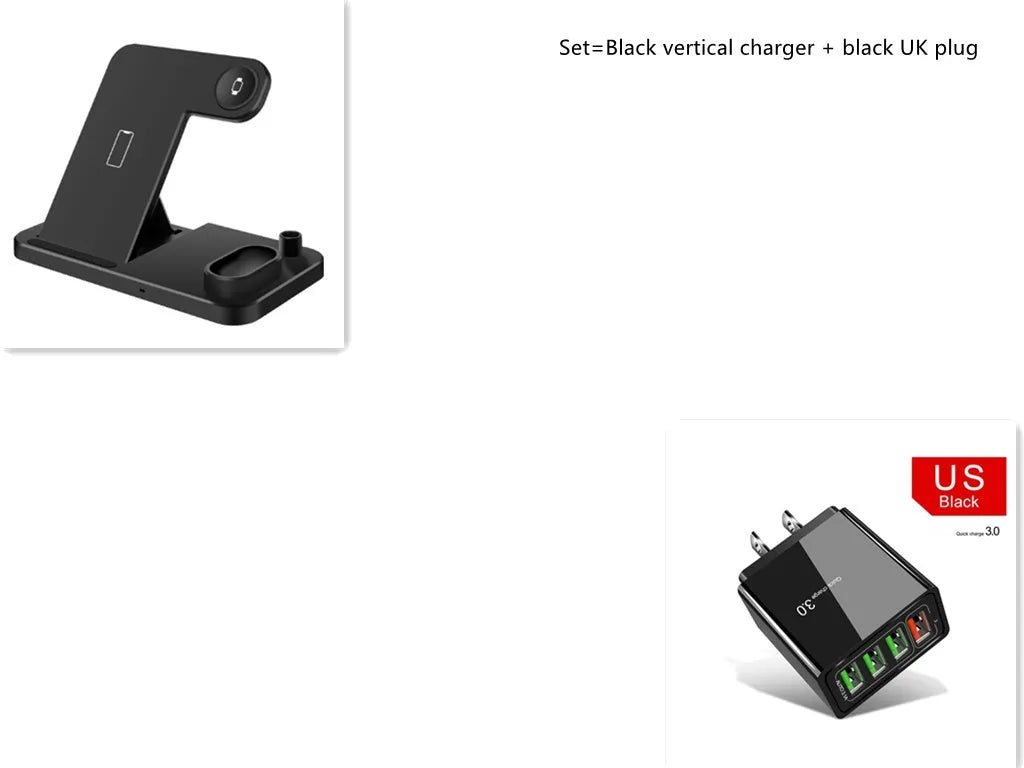 White 4-in-1 wireless charging station with phone on adjustable stand, Apple Watch, AirPods and Apple Pencil charging.