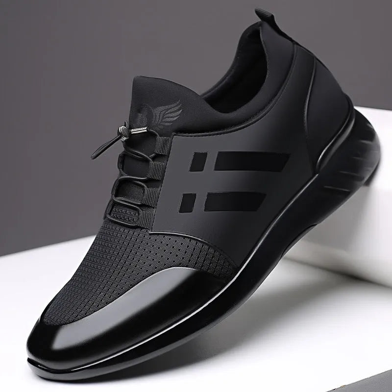Men's black genuine leather casual shoes with an internal 8cm height-increasing chunky heel.