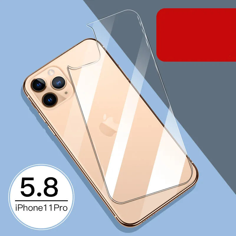 iPhone 11 Pro Max tempered glass screen protector with rear film showing 10D explosion-proof edges.