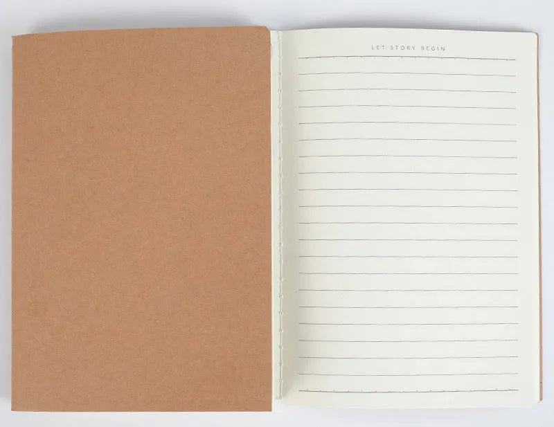 Beige leather thread-bound notebook open showing soft paper with ruled lines.