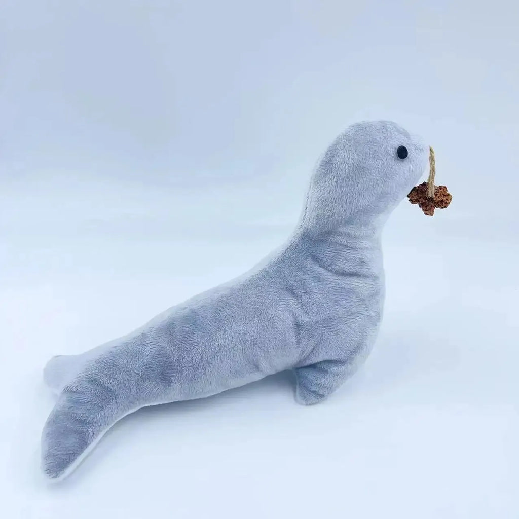 Blue sea lion plush cat toy with bell and catnip filling for play and teething.