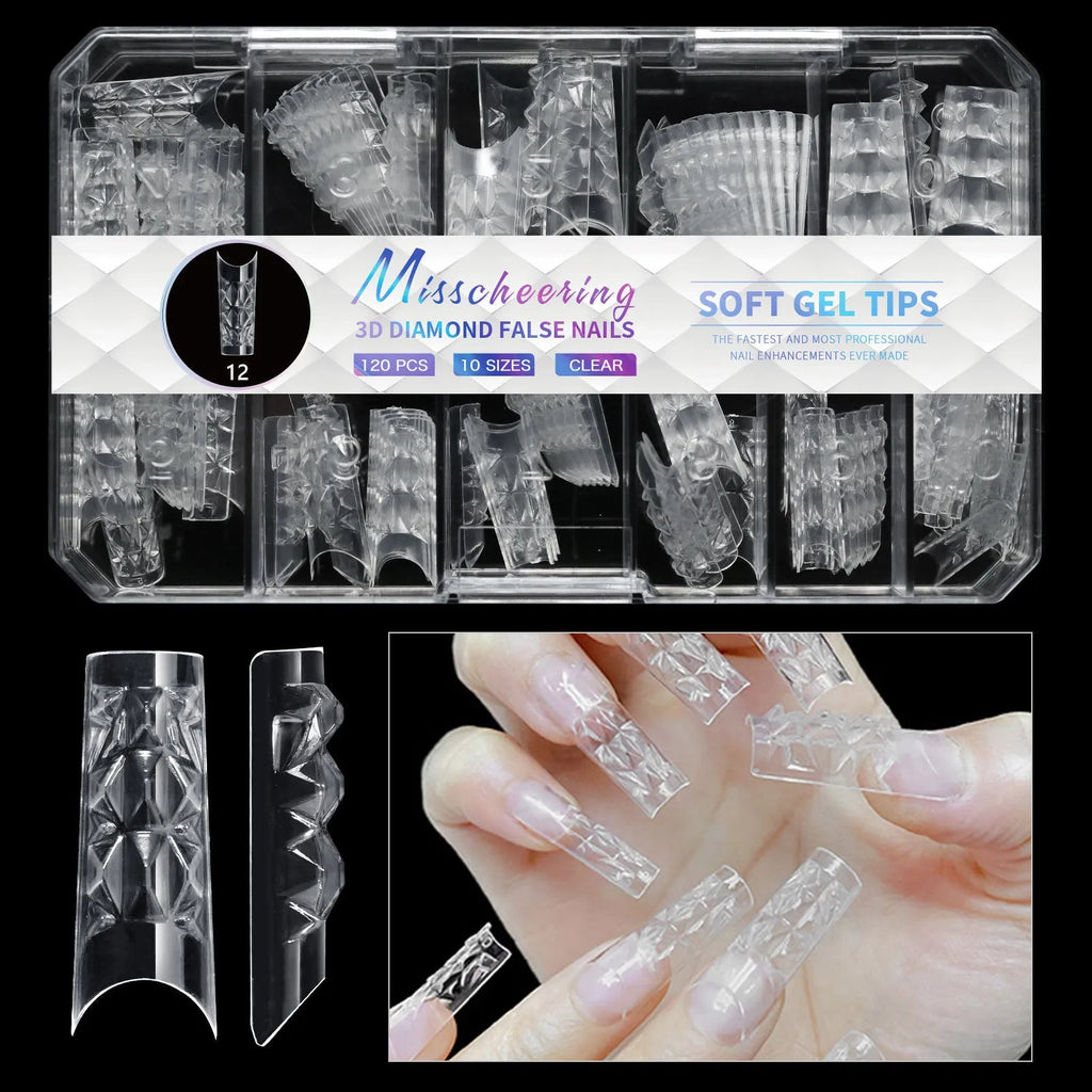 3D diamond texture long false nails in assorted colours, 120-140 pieces per pack