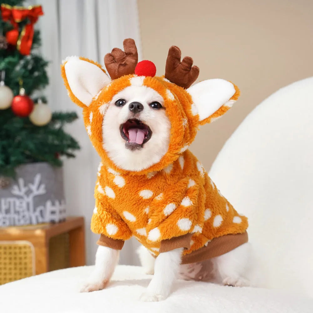 Elk design dog Christmas costume with fleece lining on a medium-sized dog.