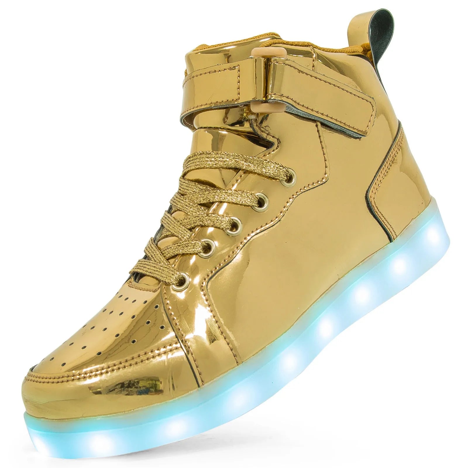 Unisex black LED high-top shoes with glowing light-up soles and Velcro strap.