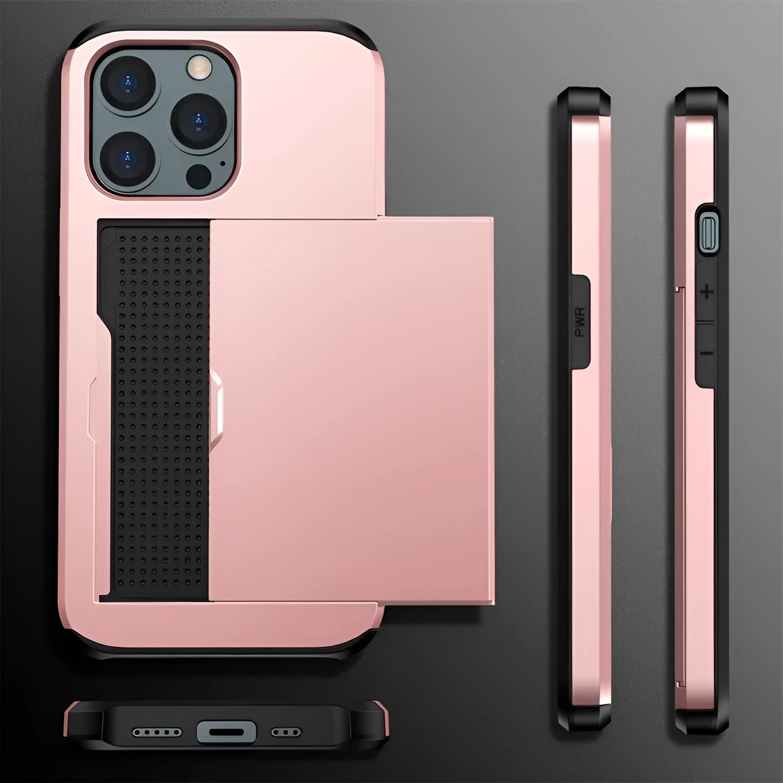 Matte mobile phone case with a sliding card cover open, shown in Army Green, compatible with iPhone 13 Pro.