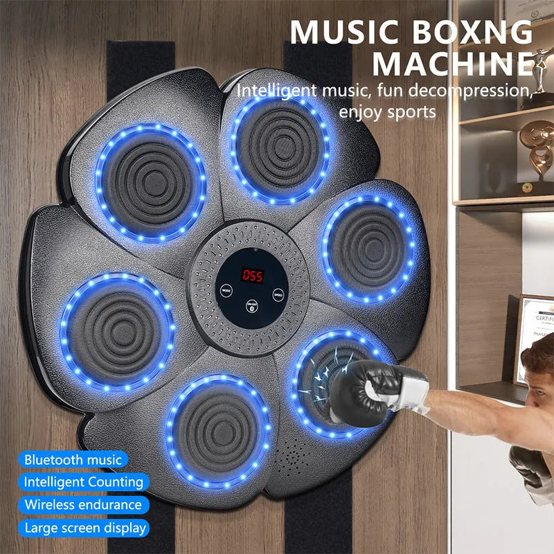 Black smart boxing wall target with lights, paired with half-finger boxing gloves, for indoor training.