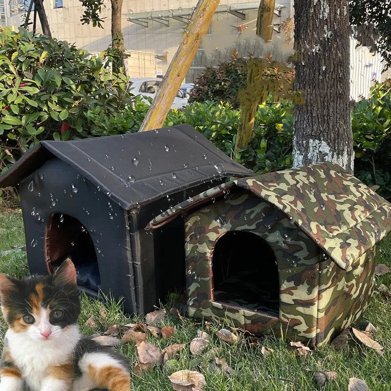 Black outdoor waterproof Oxford cloth cat shelter for stray cats on grass with detachable house nest design