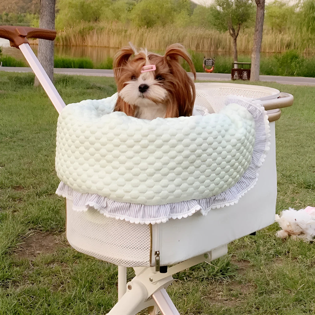 Pure cotton pet stroller cushion set showing removable towel, cushion, and pillow in floral pattern