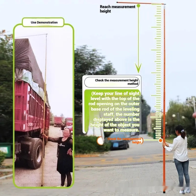 Telescopic fibreglass height measuring rod extended, showing clear scale markings, for checking truck and cargo height.